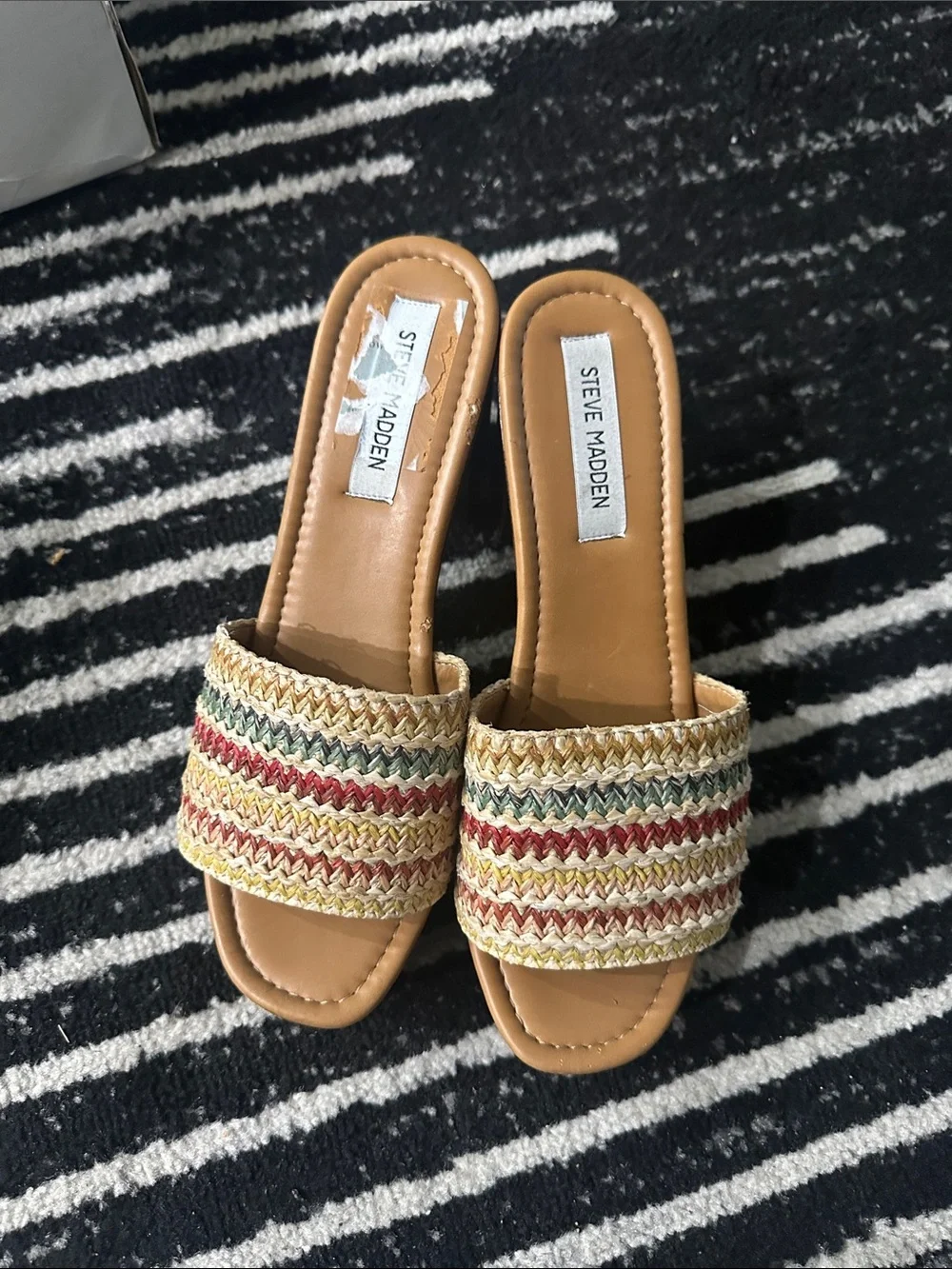 Steve Madden Tan Slide Sandals with Multicolor Woven Straps - Picture 1 of 5